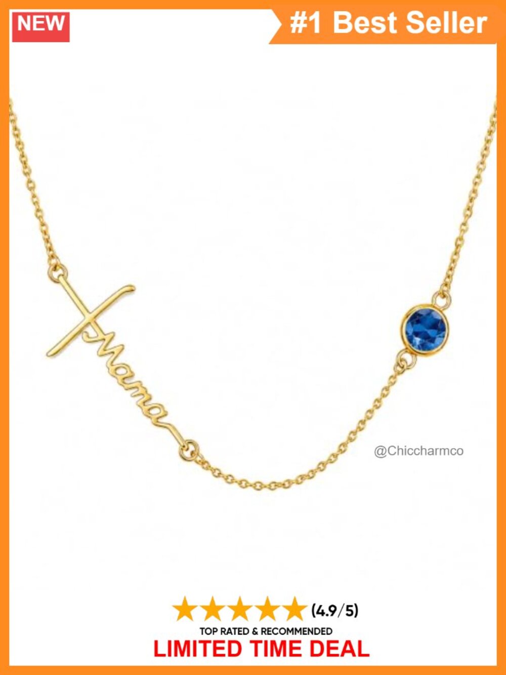 14K Gold Plated Mom Sideways Cross Pendant Necklace Birthstone
